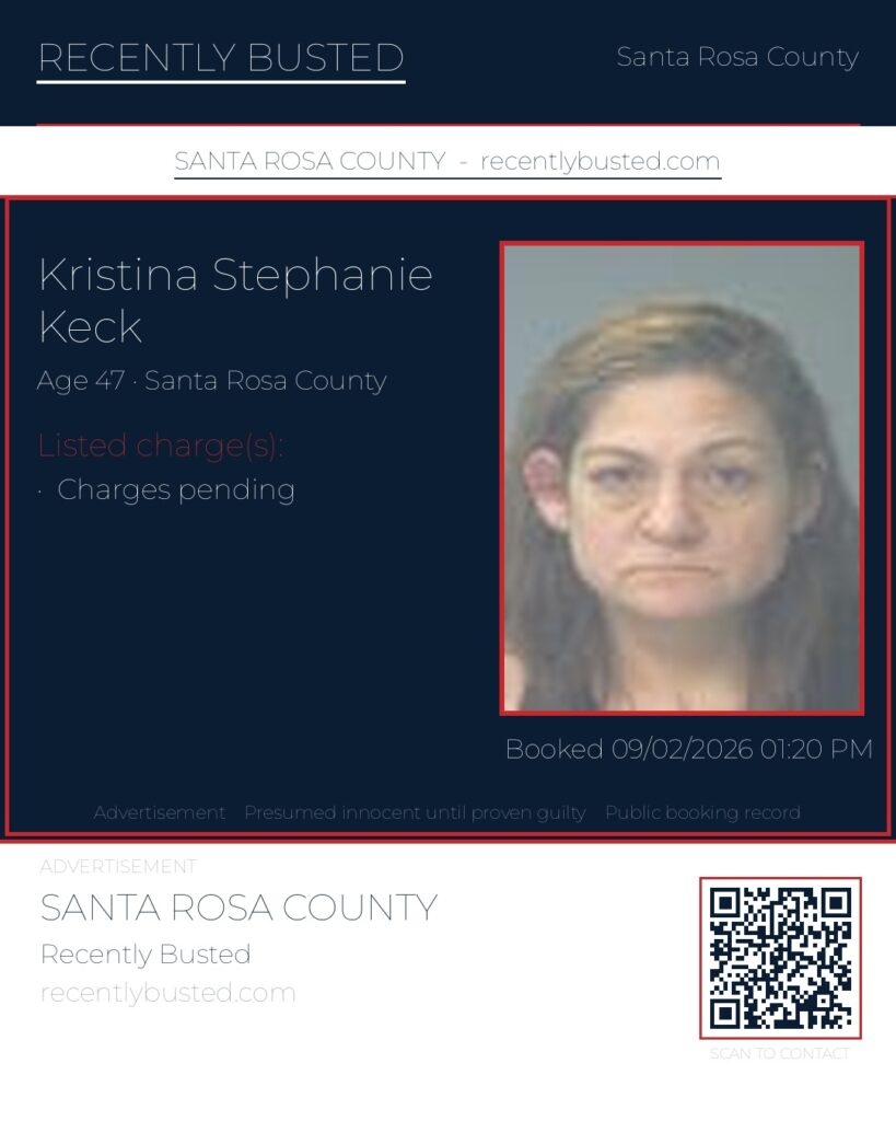 Kristina Stephanie Keck — arrest record card, Santa Rosa County, Florida