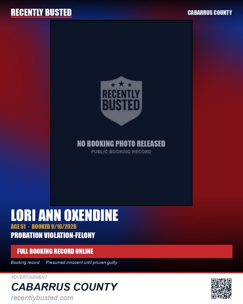 LORI ANN OXENDINE — arrest record card, Cabarrus County