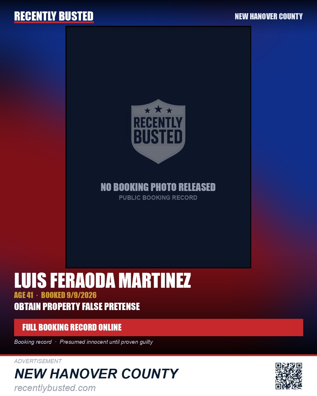LUIS FERAODA MARTINEZ — arrest record card, New Hanover County