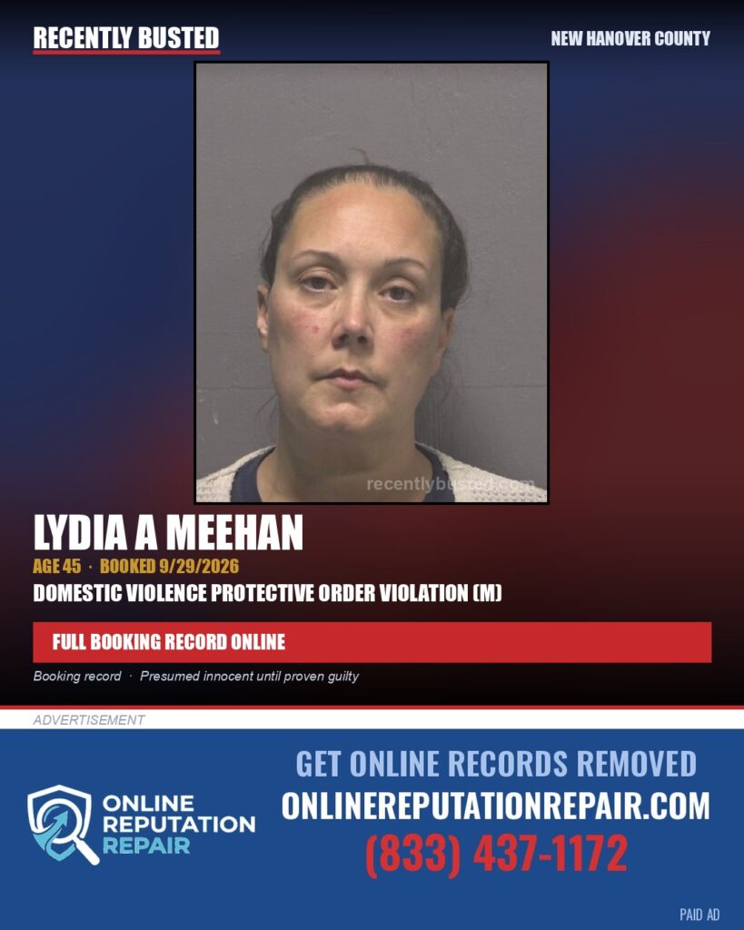 LYDIA A MEEHAN — arrest record card, New Hanover