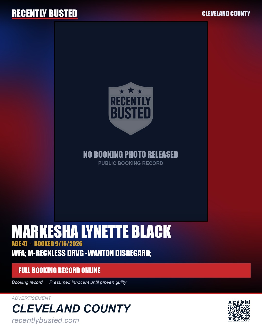 MARKESHA LYNETTE BLACK — arrest record card, Cleveland County