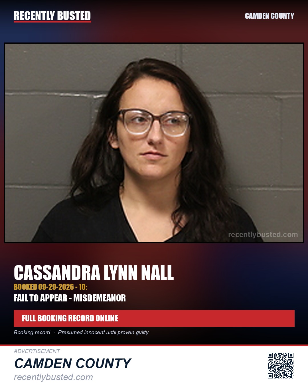 Nall, Cassandra Lynn — arrest record card, Camden County