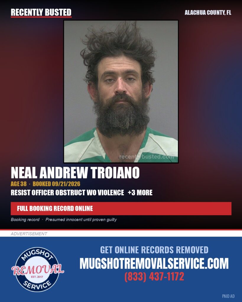 Neal Andrew Troiano — arrest record card, Alachua County, Florida