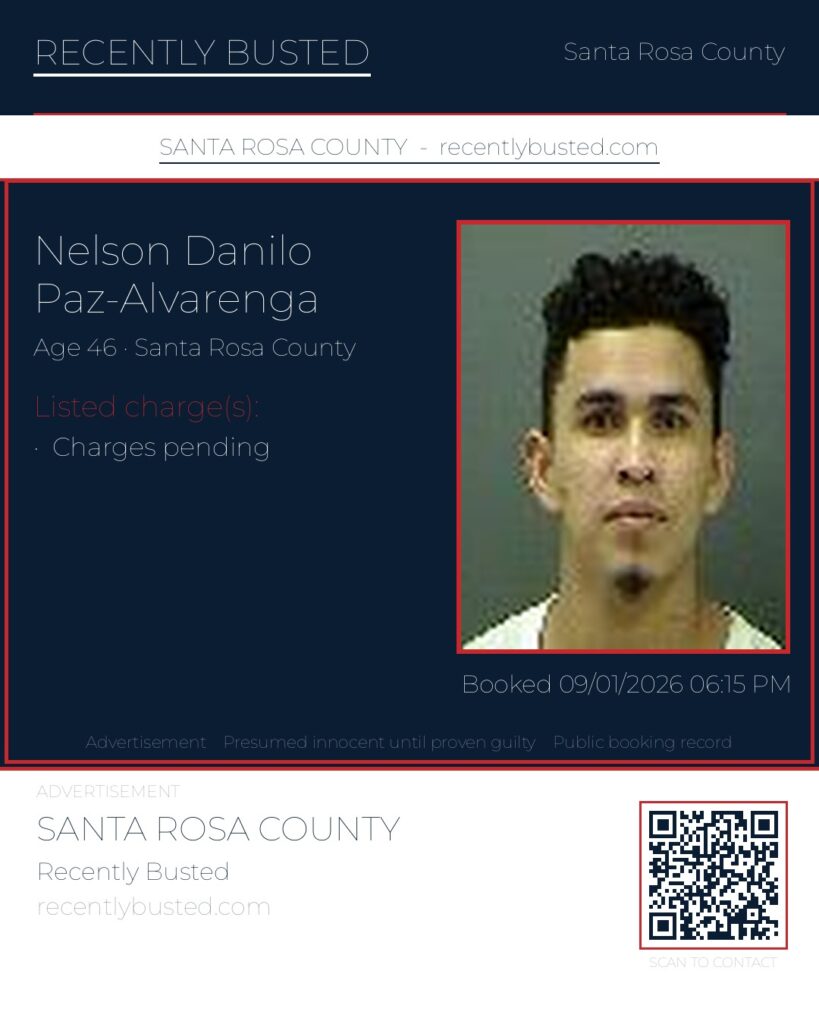 Nelson Danilo Paz-Alvarenga — arrest record card, Santa Rosa County, Florida