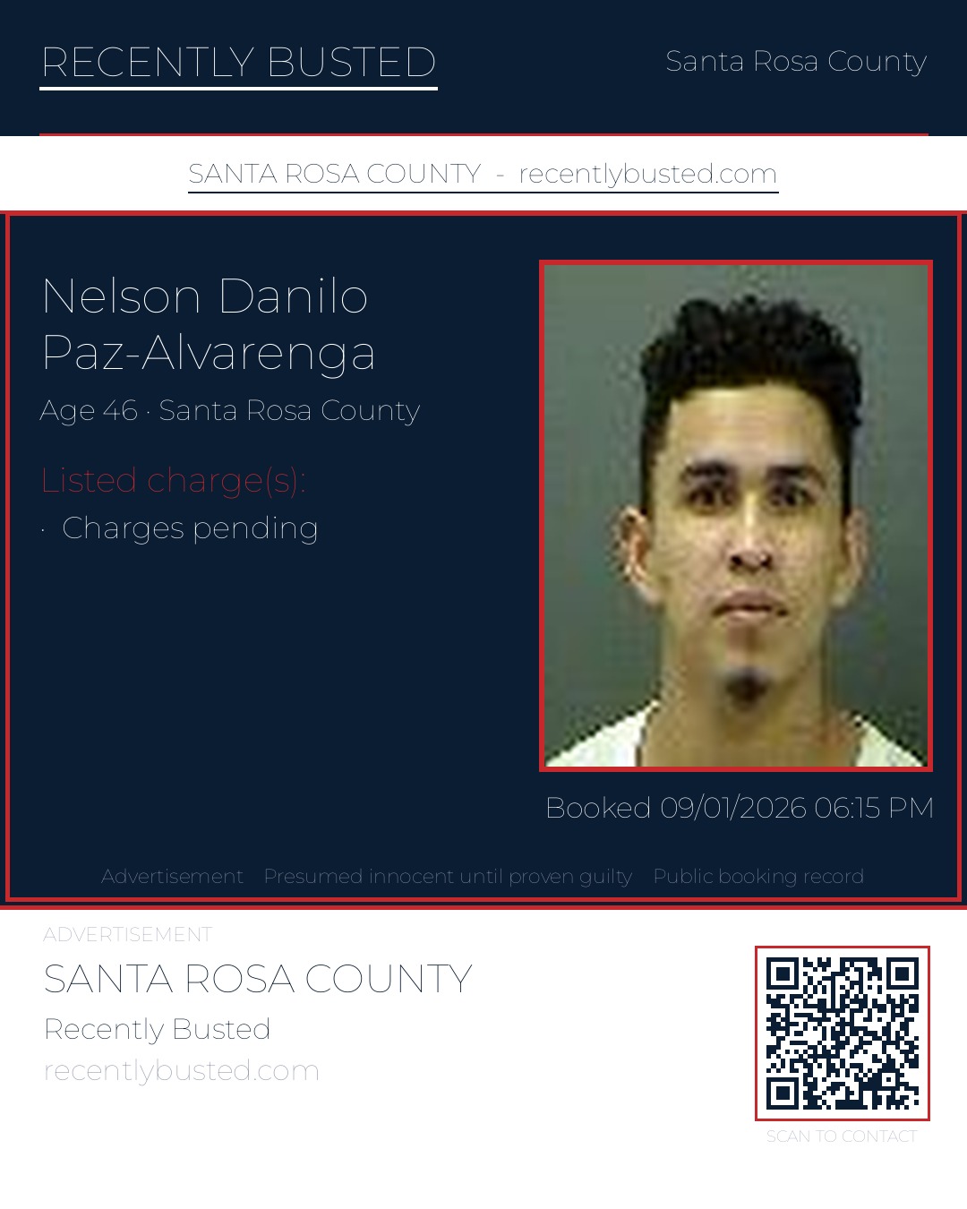 Nelson Danilo Paz-Alvarenga — arrest record card, Santa Rosa County, Florida