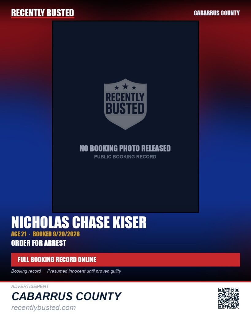 NICHOLAS CHASE KISER — arrest record card, Cabarrus County