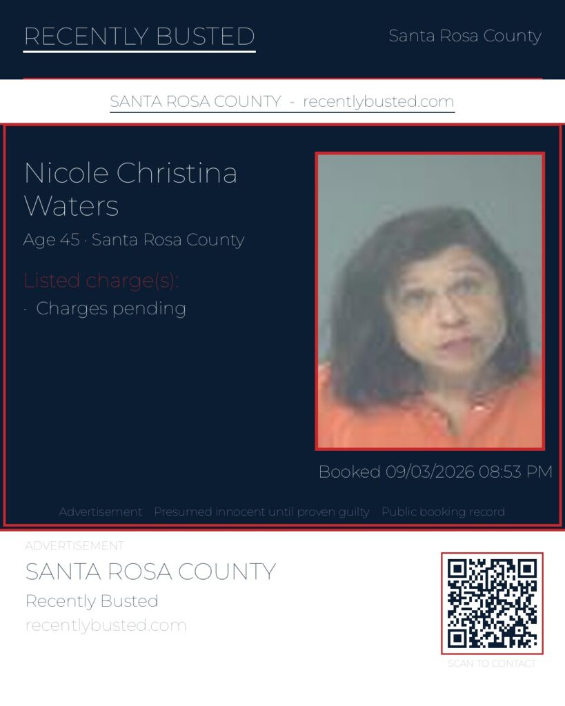 Nicole Christina Waters — arrest record card, Santa Rosa County, Florida