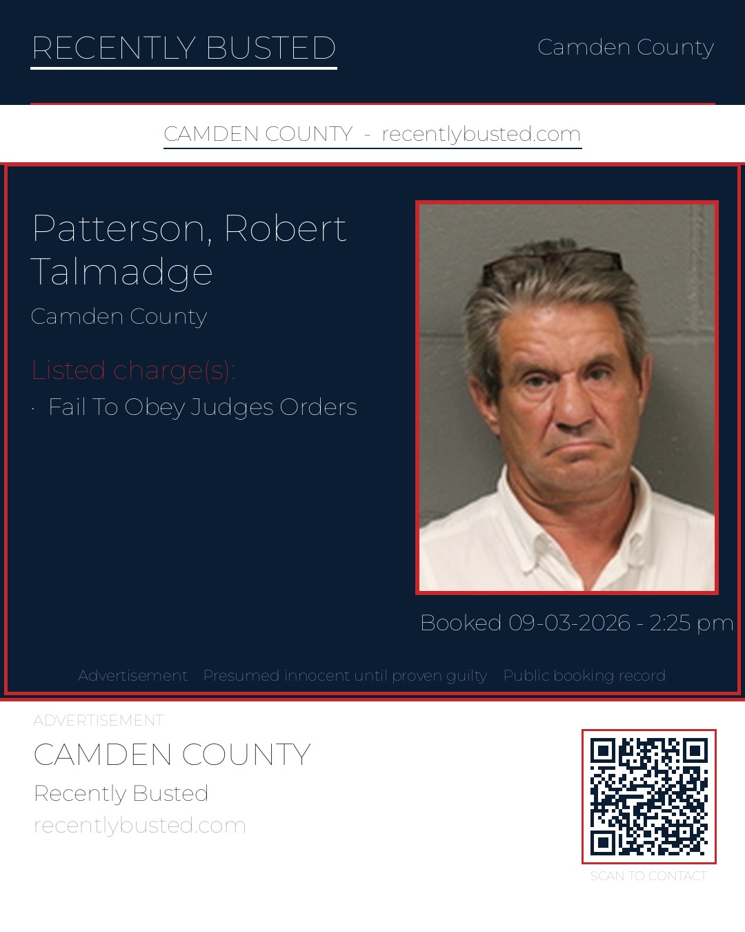 Patterson, Robert Talmadge — arrest record card, Camden County