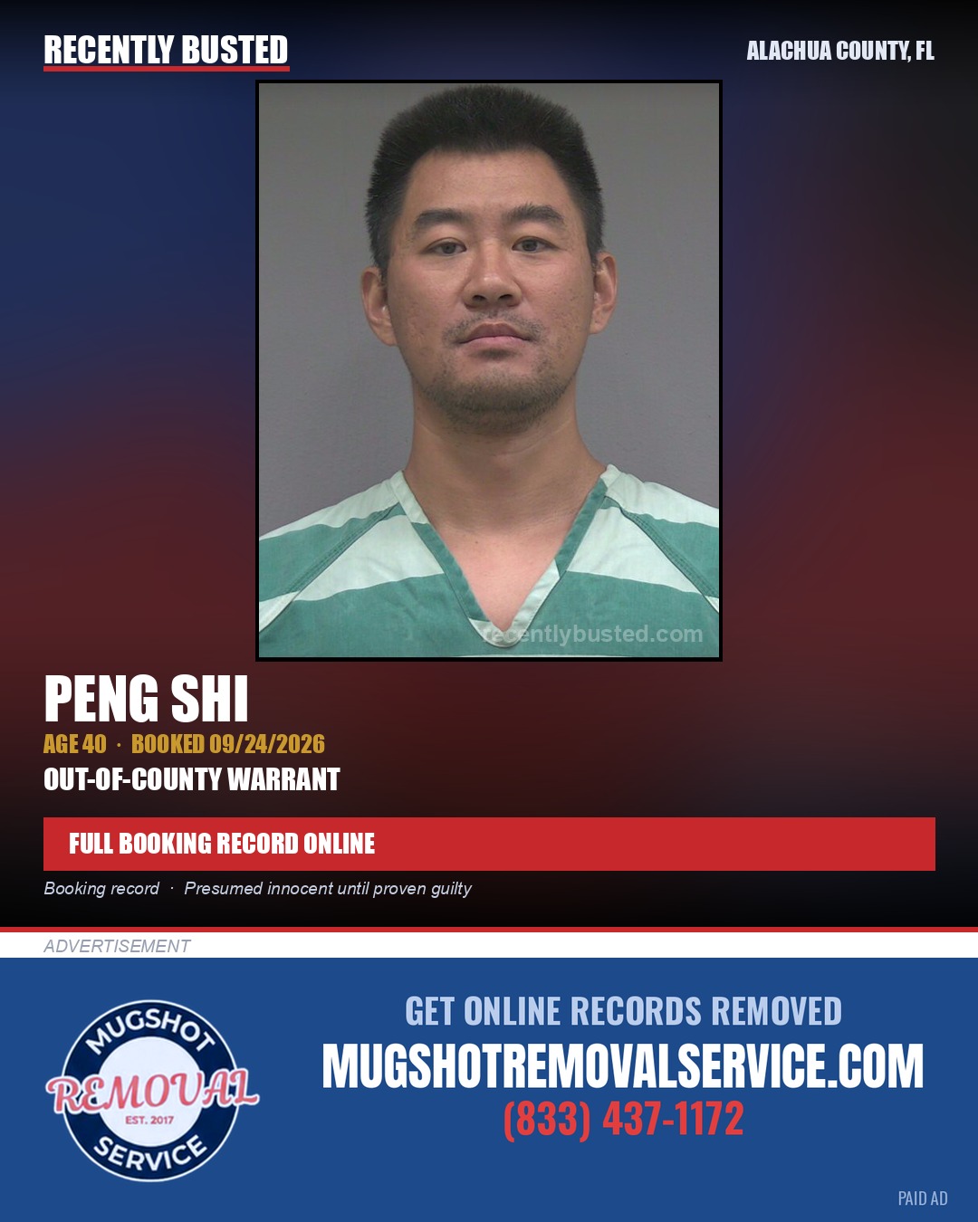 Peng Shi — arrest record card, Alachua County, Florida