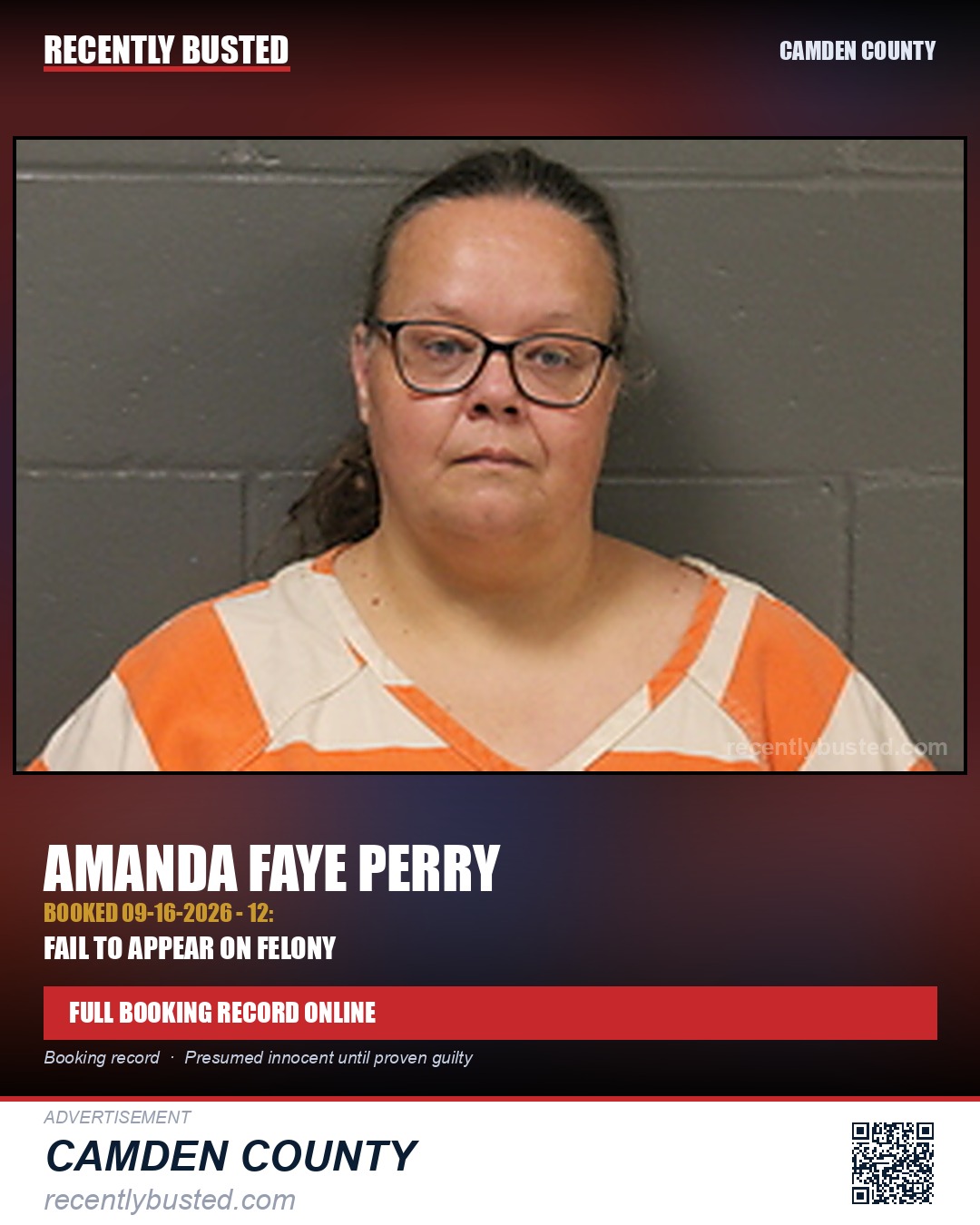 Perry, Amanda Faye — arrest record card, Camden County