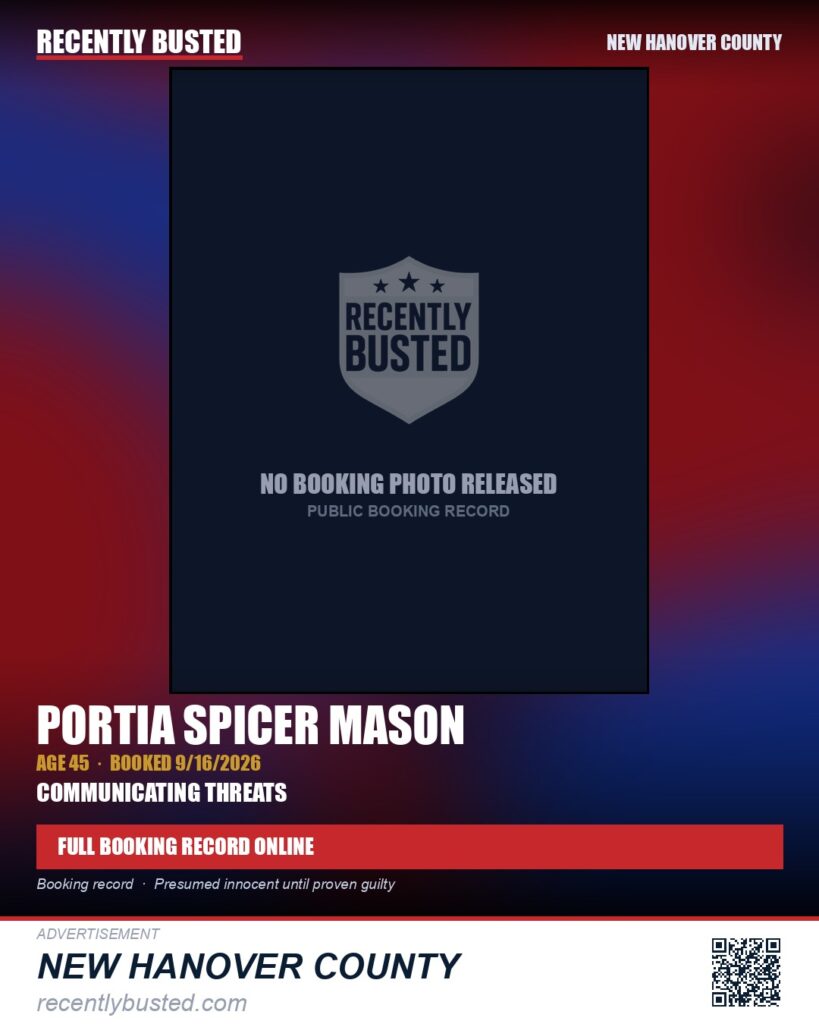 PORTIA SPICER MASON — arrest record card, New Hanover