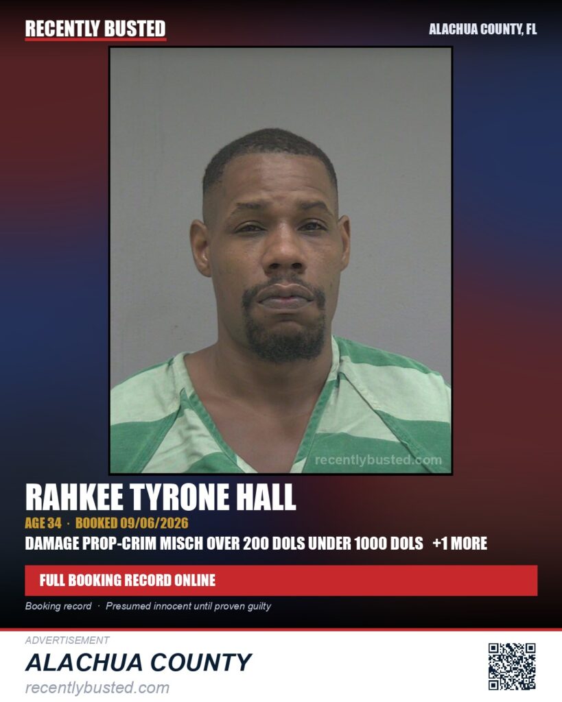 Rahkee Tyrone Hall — arrest record card, Alachua County, Florida