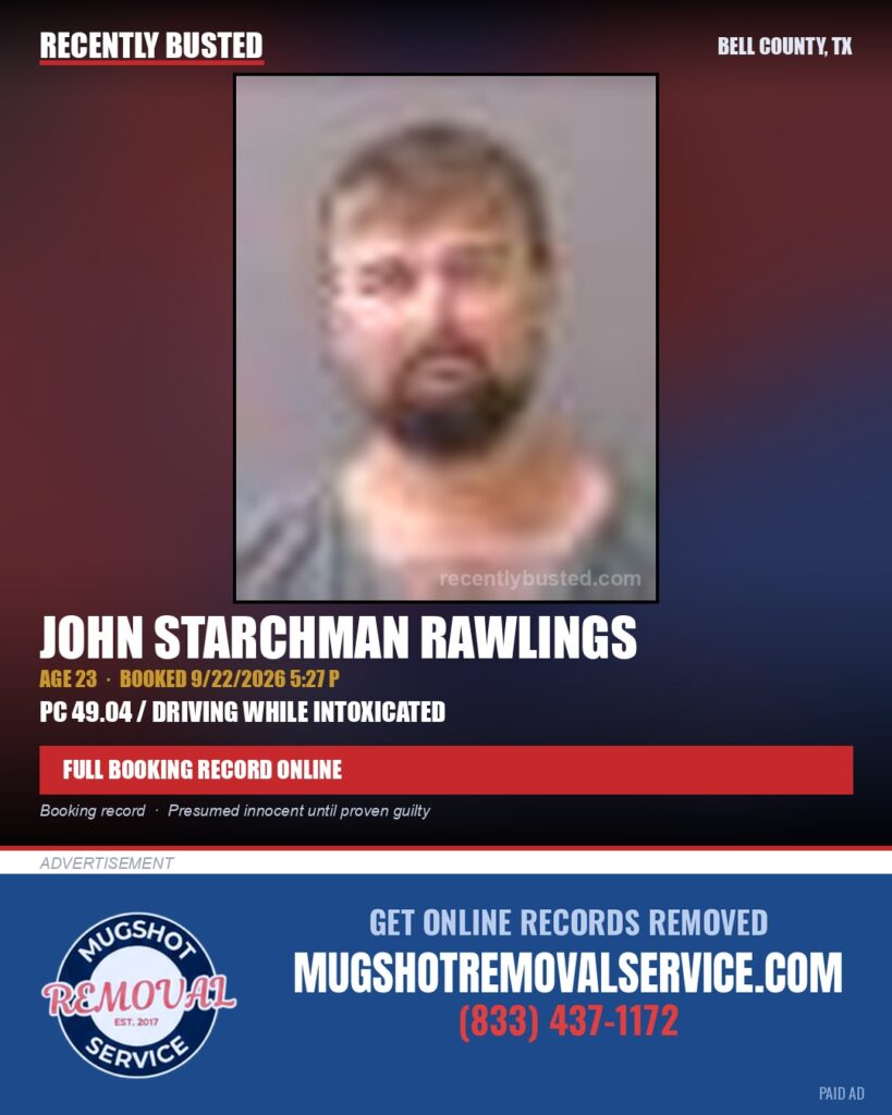 RAWLINGS, JOHN STARCHMAN — arrest record card, Bell County, Texas