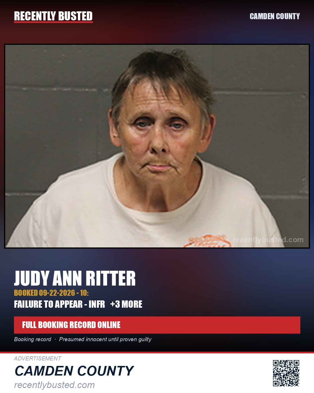 Ritter, Judy Ann — arrest record card, Camden County