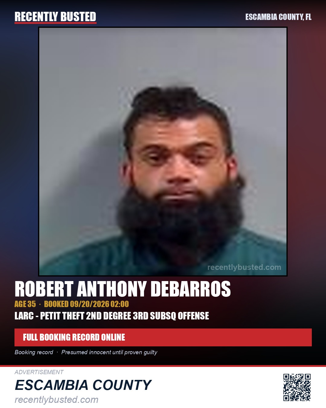 Robert Anthony Debarros — arrest record card, Escambia County, Florida