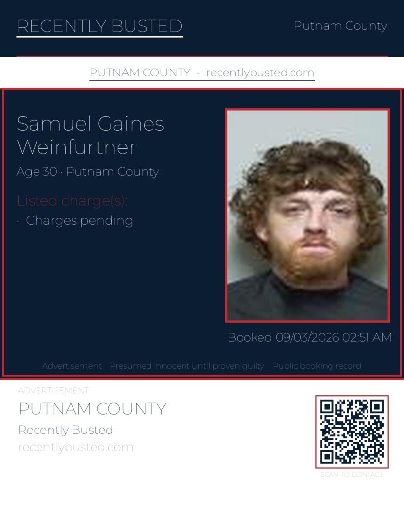 Samuel Gaines Weinfurtner — arrest record card, Putnam County, Florida