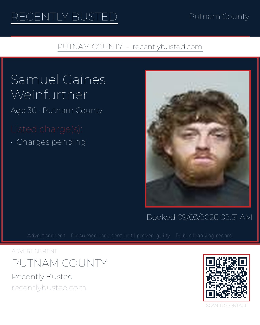 Samuel Gaines Weinfurtner — arrest record card, Putnam County, Florida