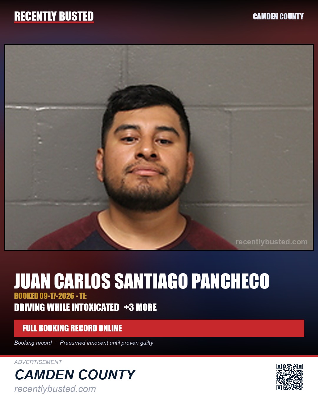Santiago Pancheco, Juan Carlos — arrest record card, Camden County