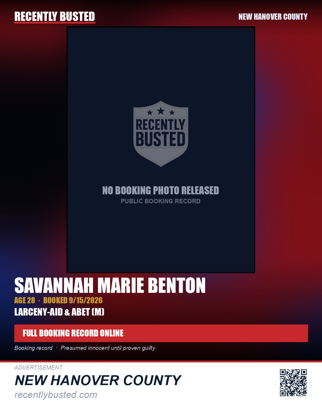 SAVANNAH MARIE BENTON — arrest record card, New Hanover County