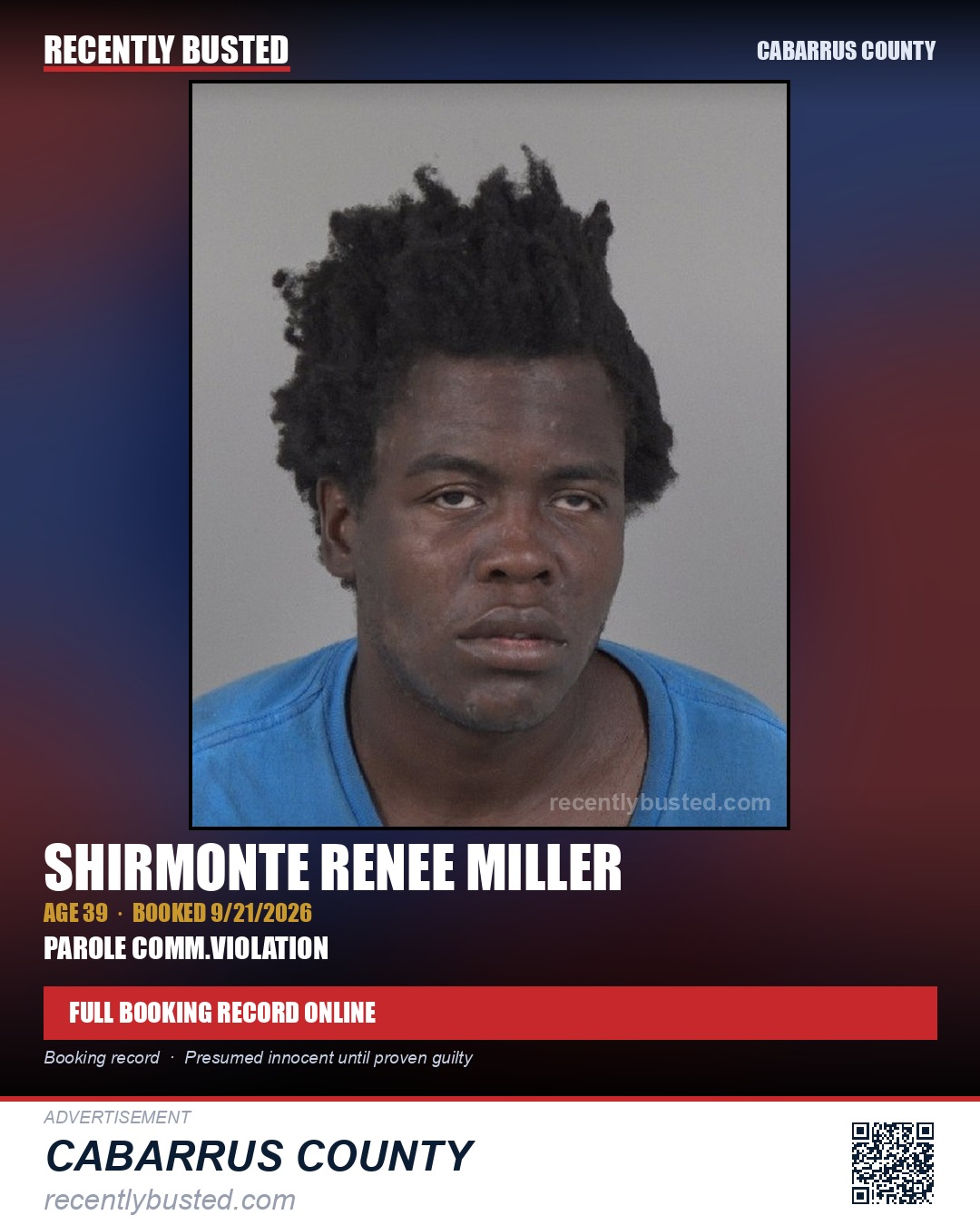 SHIRMONTE RENEE MILLER — arrest record card, Cabarrus County