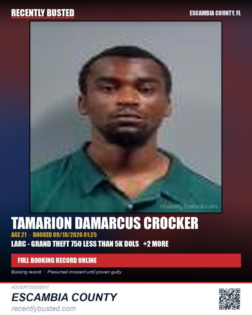 Tamarion Damarcus Crocker — arrest record card, Escambia County, Florida