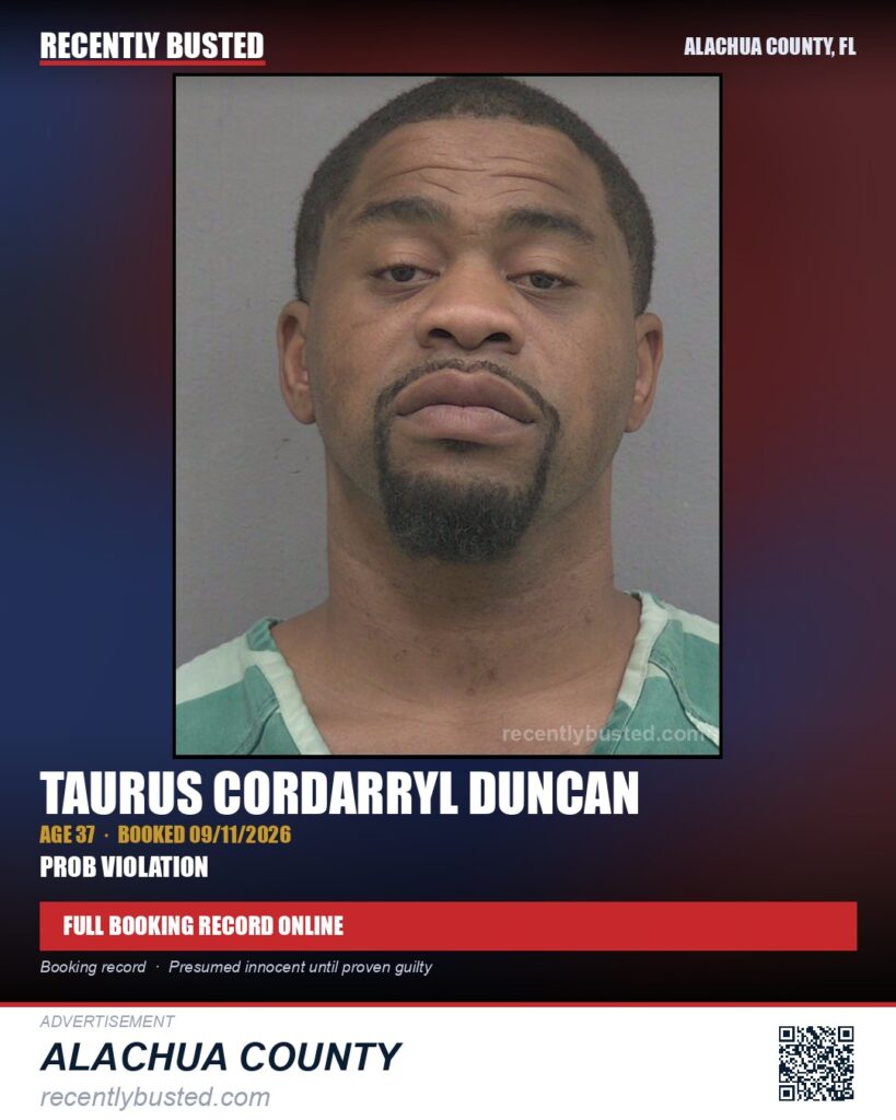 Taurus Cordarryl Duncan — arrest record card, Alachua County, Florida