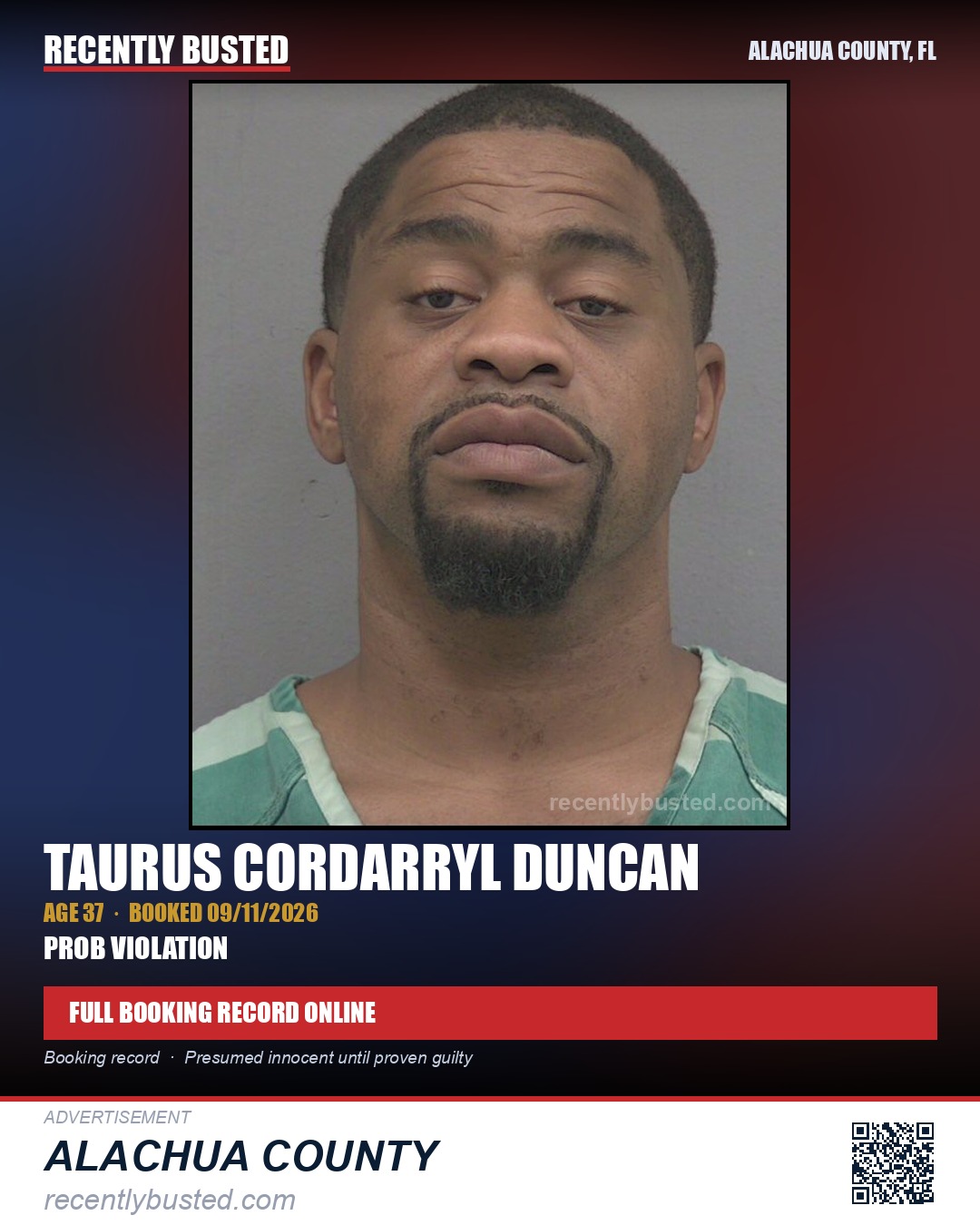 Taurus Cordarryl Duncan — arrest record card, Alachua County, Florida