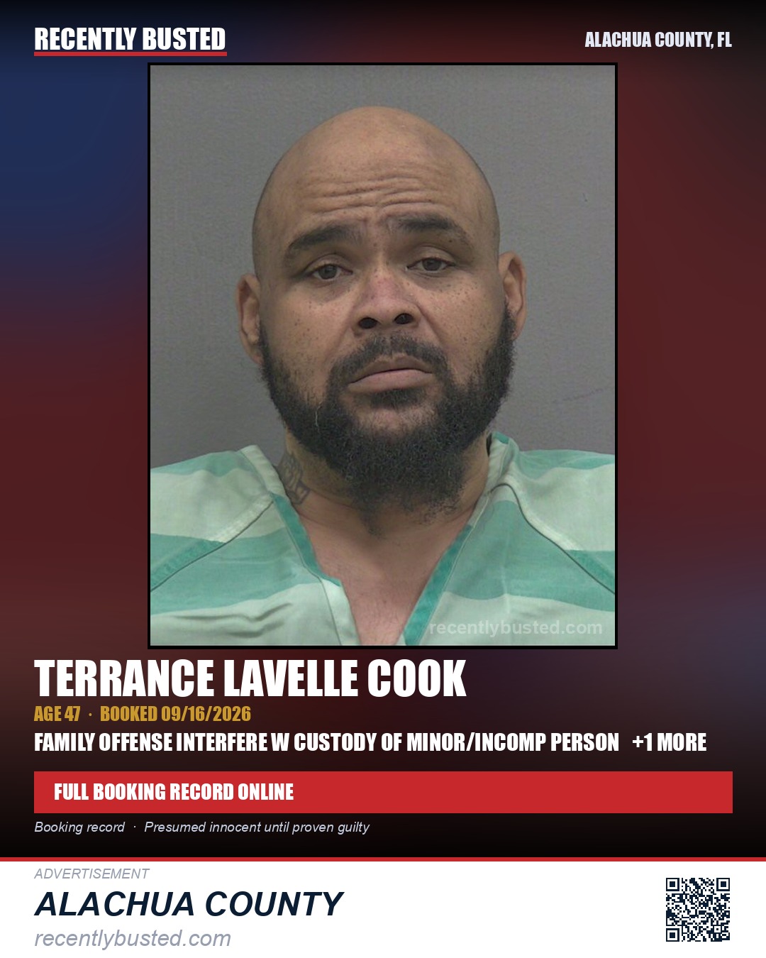 Terrance Lavelle Cook — arrest record card, Alachua County, Florida