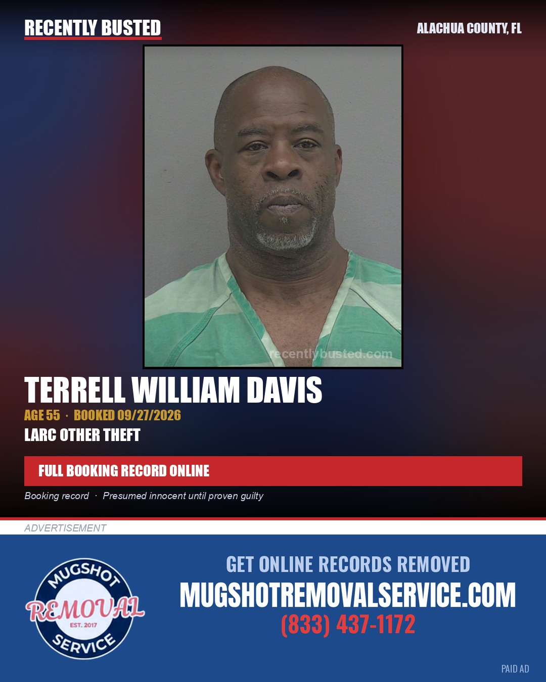 Terrell William Davis — arrest record card, Alachua County, Florida