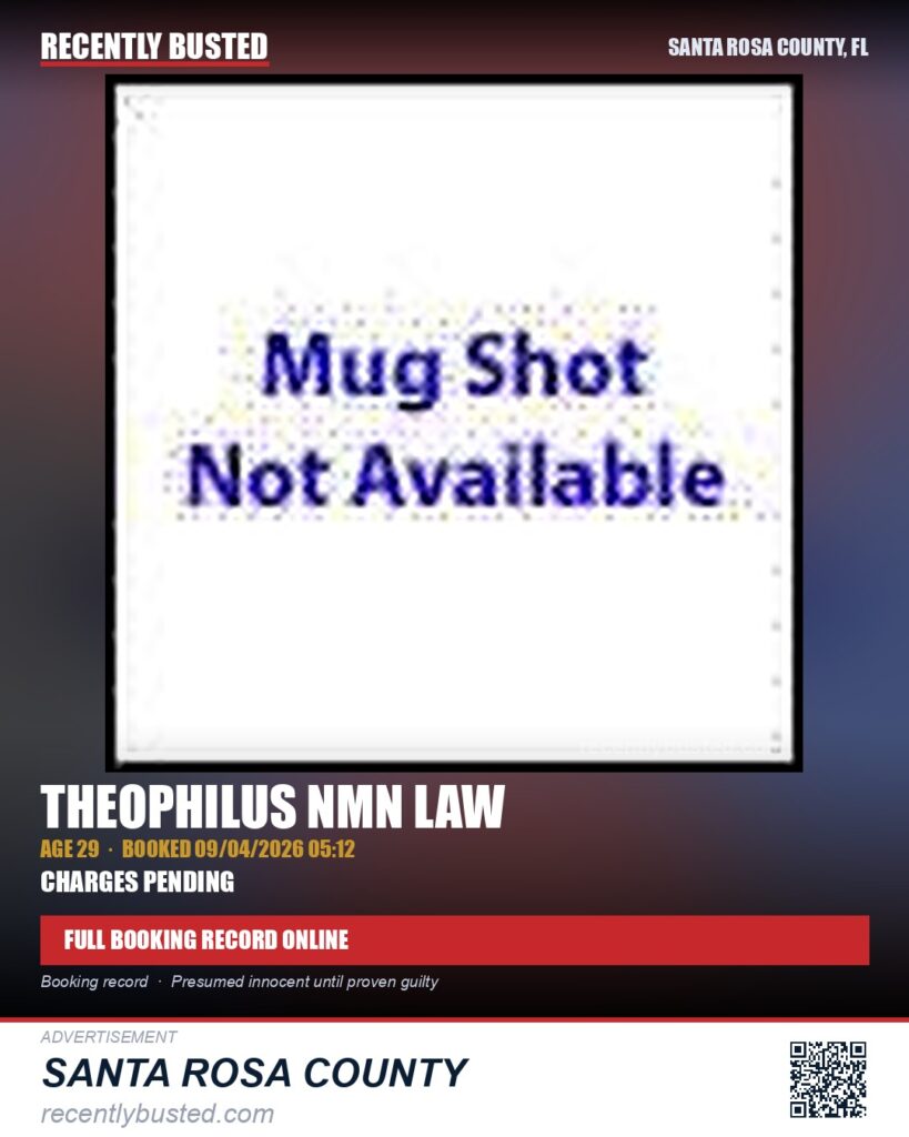 Theophilus Nmn Law — arrest record card, Santa Rosa County, Florida