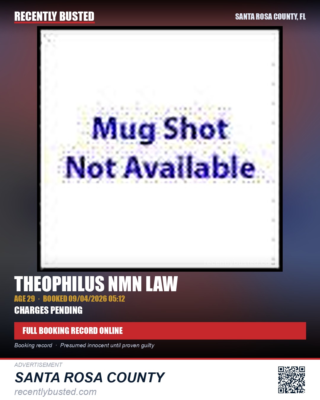 Theophilus Nmn Law — arrest record card, Santa Rosa County, Florida