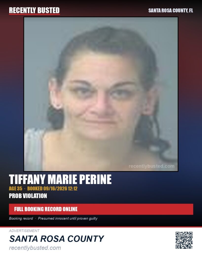 Tiffany Marie Perine — arrest record card, Santa Rosa County, Florida