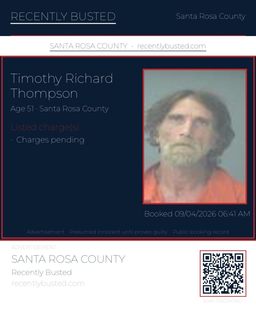 Timothy Richard Thompson — arrest record card, Santa Rosa County, Florida