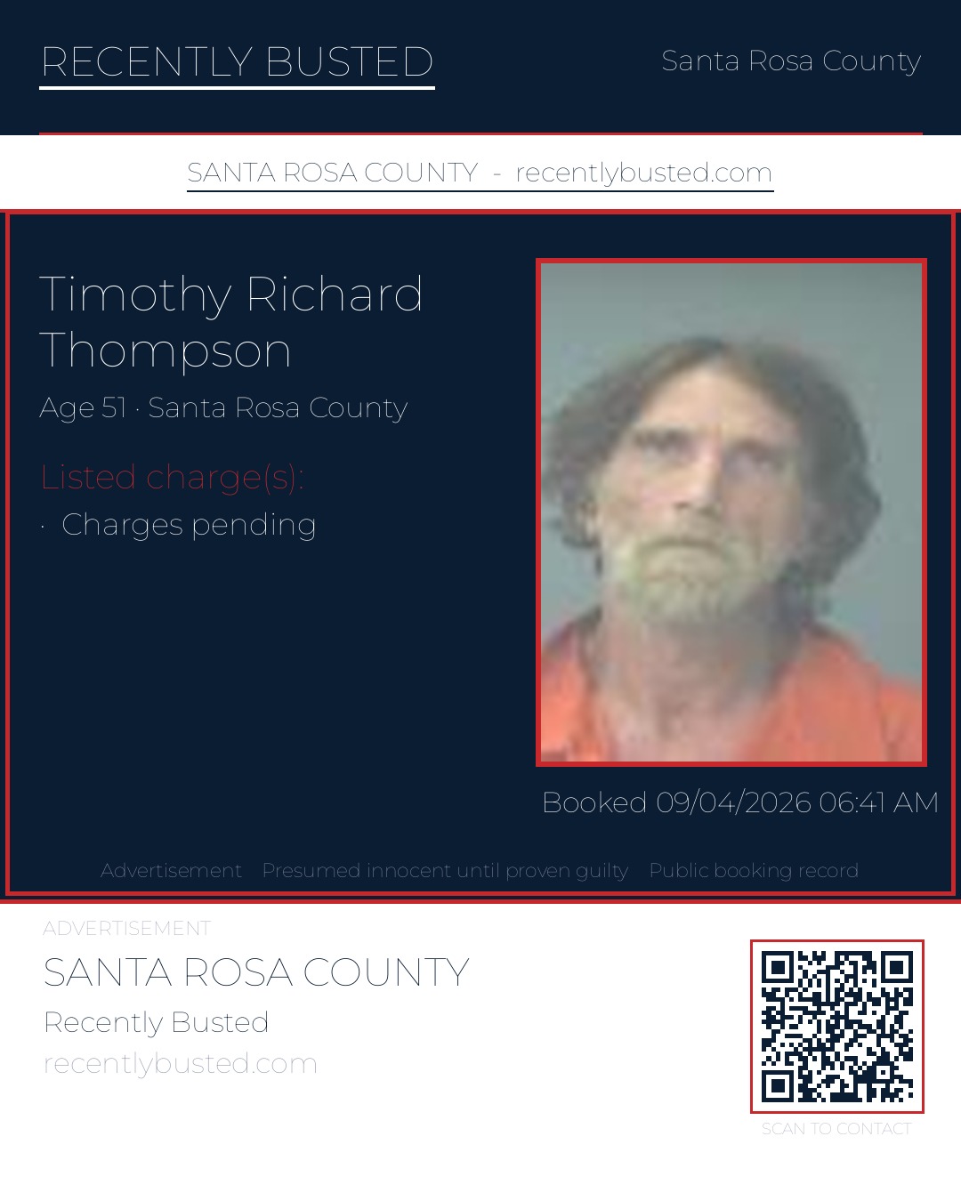 Timothy Richard Thompson — arrest record card, Santa Rosa County, Florida