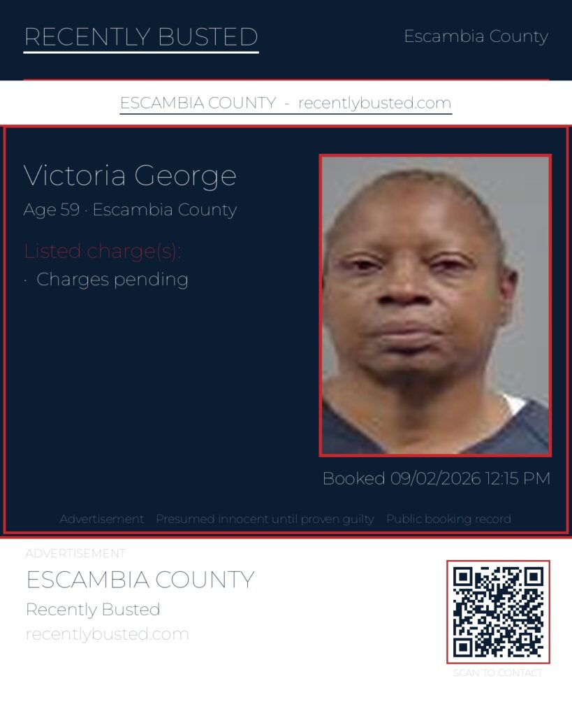 Victoria George — arrest record card, Escambia County, Florida