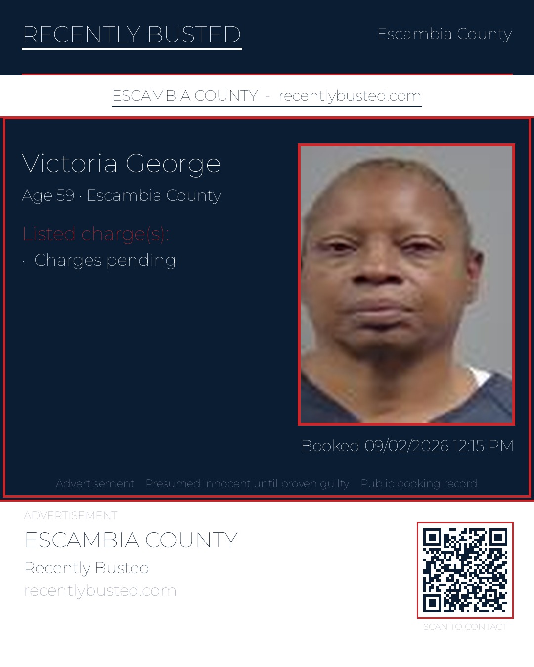 Victoria George — arrest record card, Escambia County, Florida