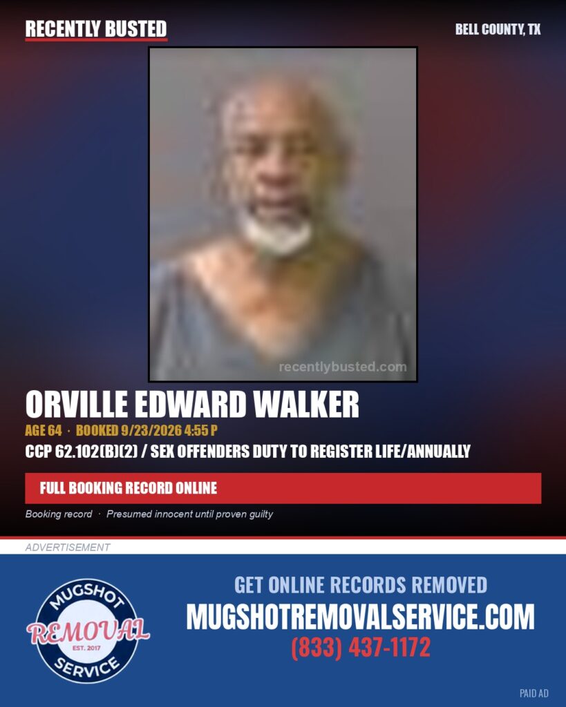 WALKER, ORVILLE EDWARD — arrest record card, Bell County, Texas