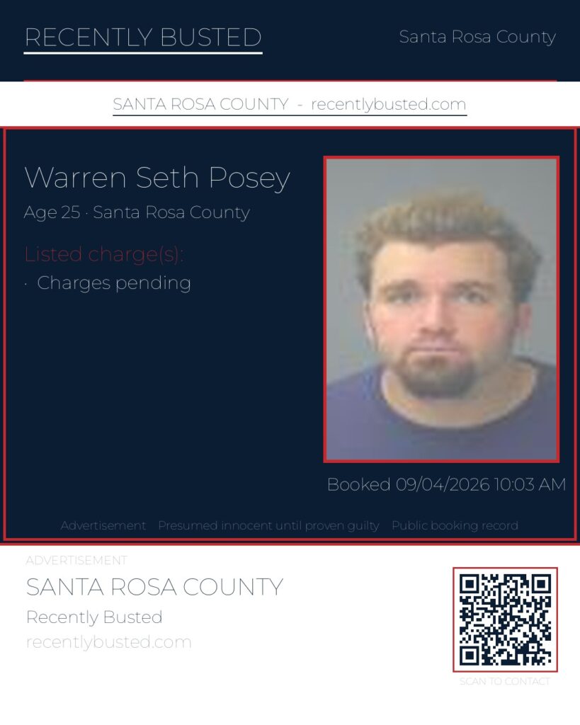 Warren Seth Posey — arrest record card, Santa Rosa County, Florida