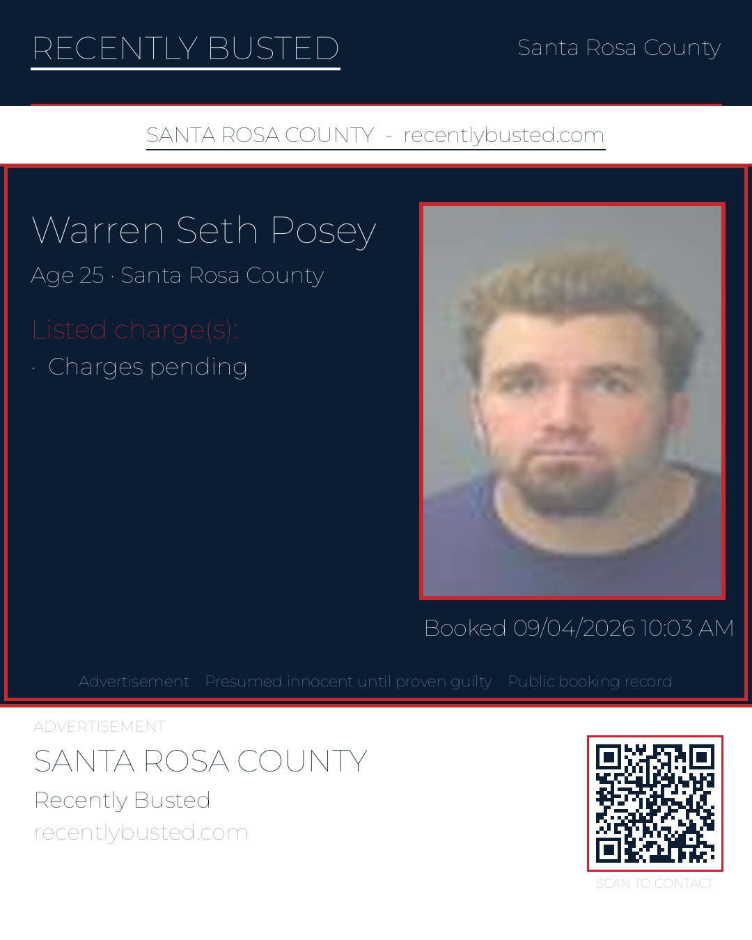 Warren Seth Posey — arrest record card, Santa Rosa County, Florida