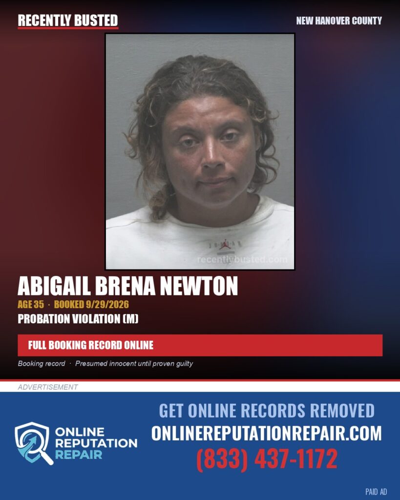 ABIGAIL BRENA NEWTON — arrest record card, New Hanover