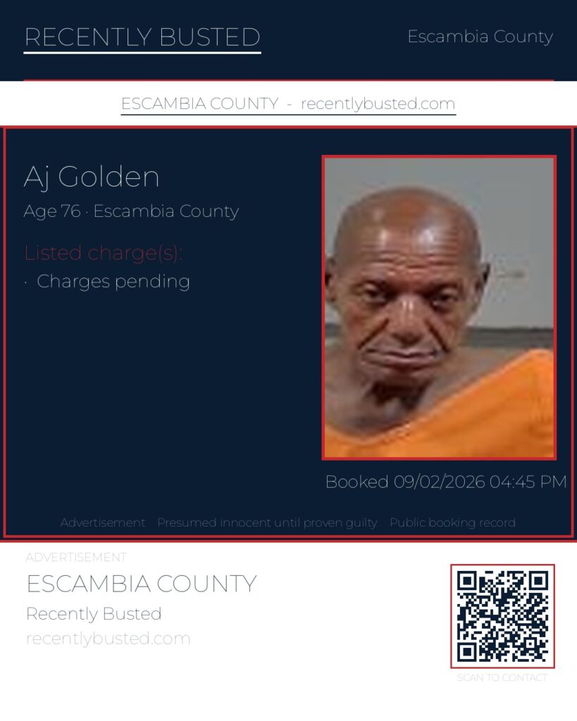 Aj Golden — arrest record card, Escambia County, Florida