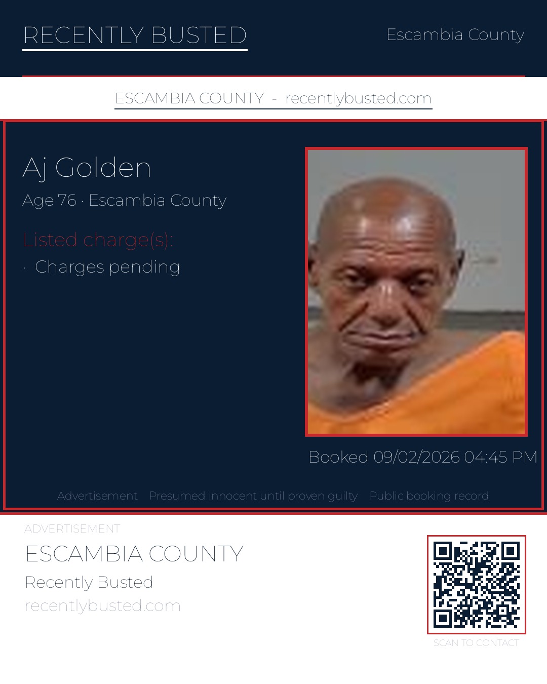 Aj Golden — arrest record card, Escambia County, Florida