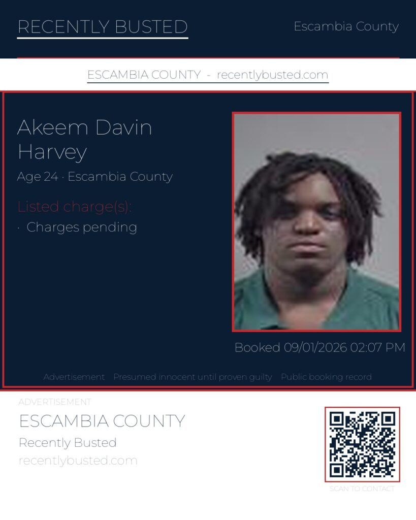 Akeem Davin Harvey — arrest record card, Escambia County, Florida