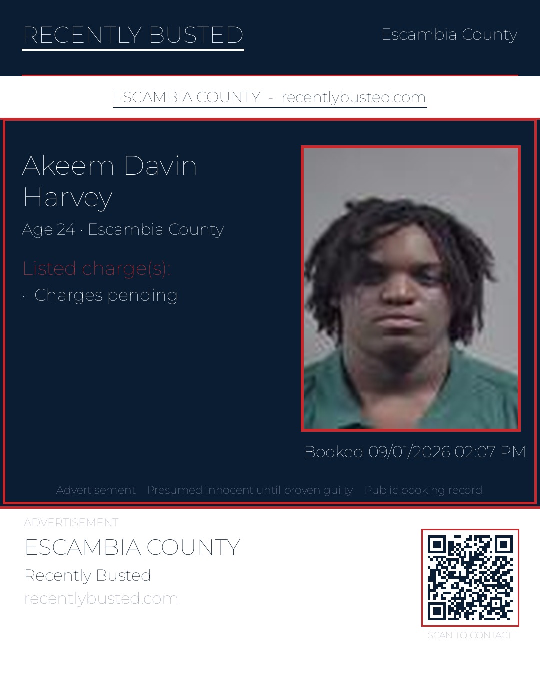 Akeem Davin Harvey — arrest record card, Escambia County, Florida