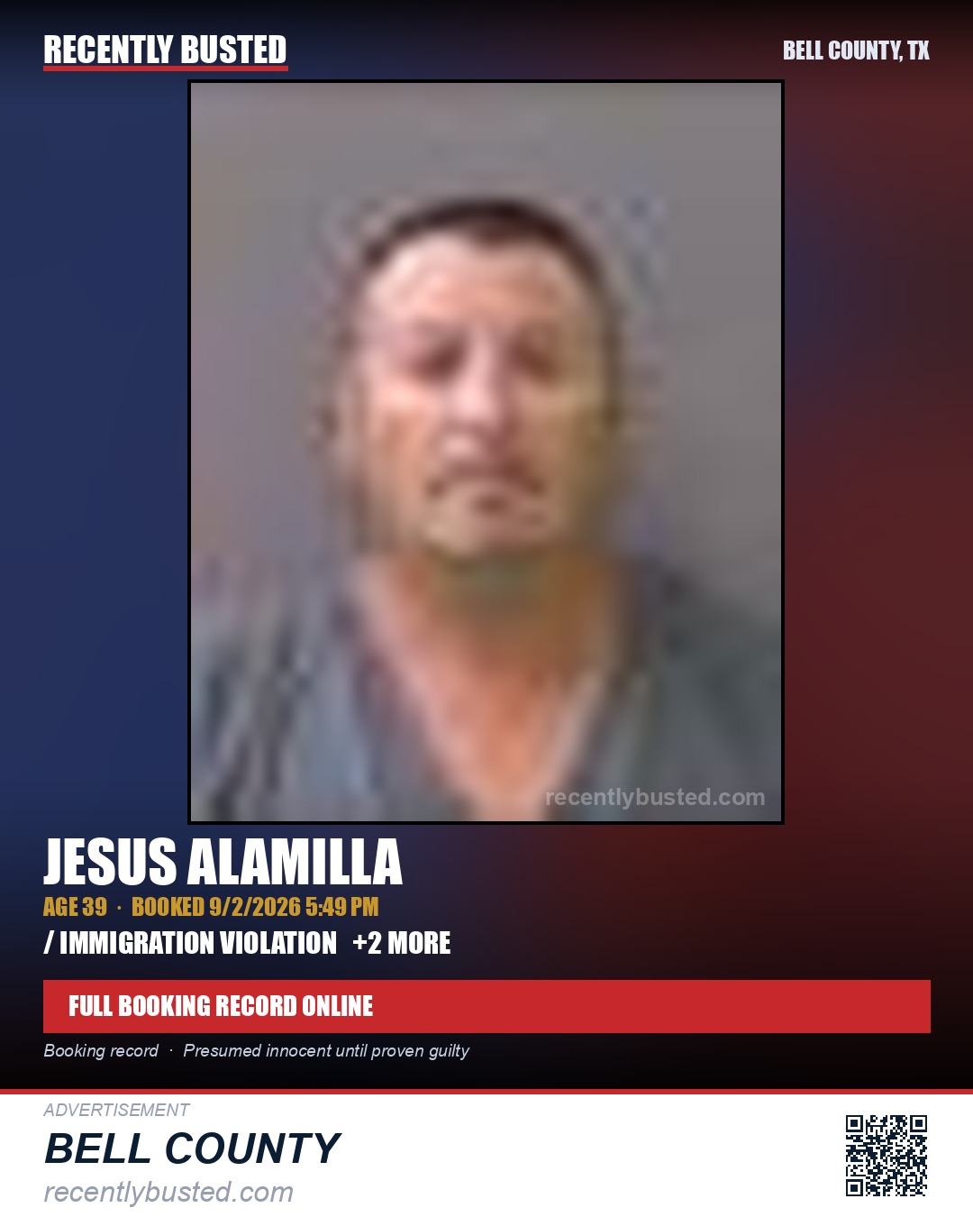 ALAMILLA, JESUS — arrest record card, Bell County, Texas