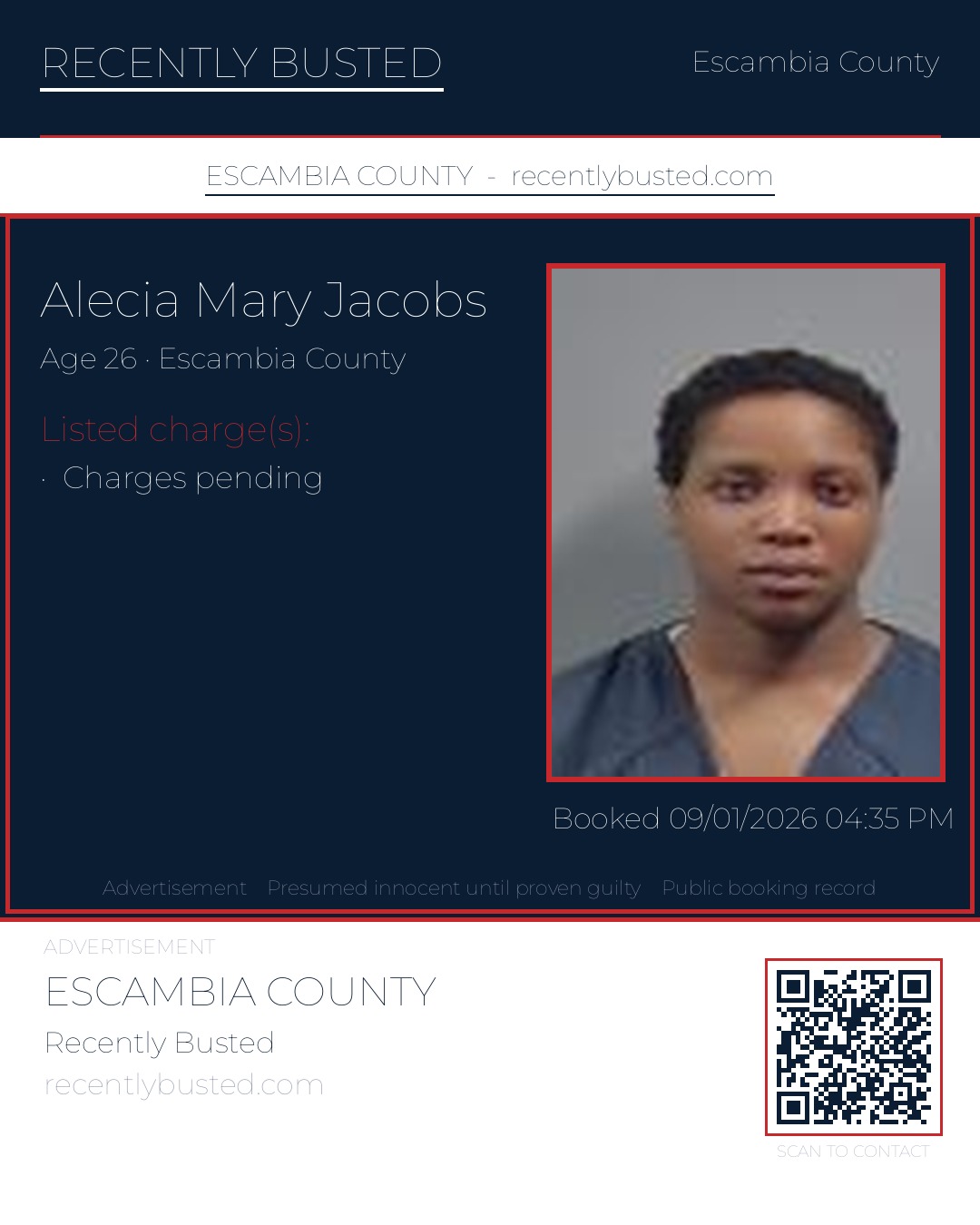 Alecia Mary Jacobs — arrest record card, Escambia County, Florida
