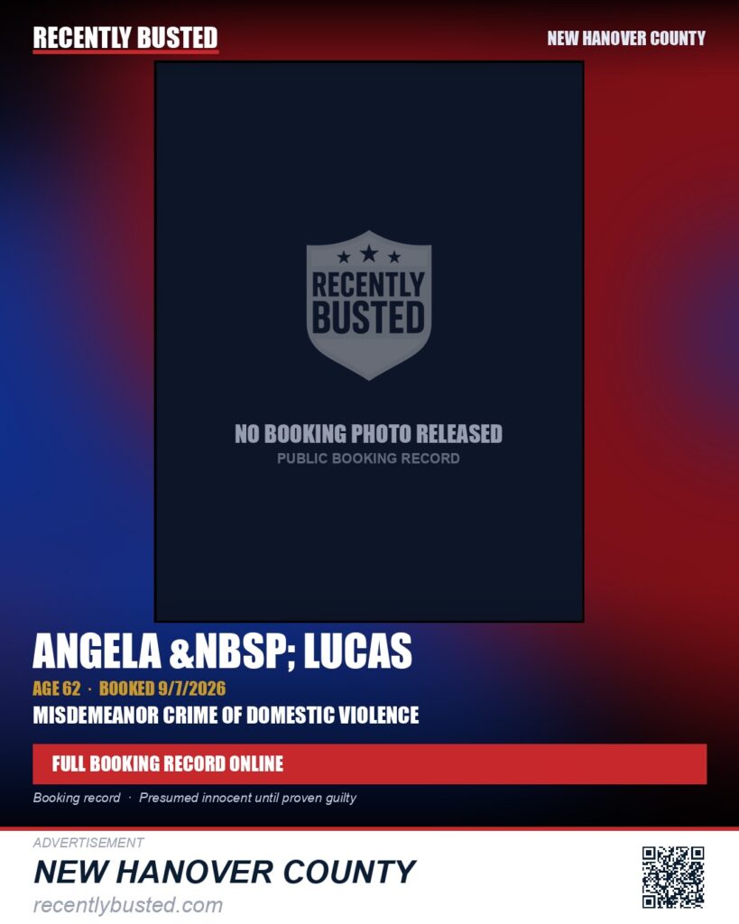 ANGELA LUCAS — arrest record card, New Hanover County