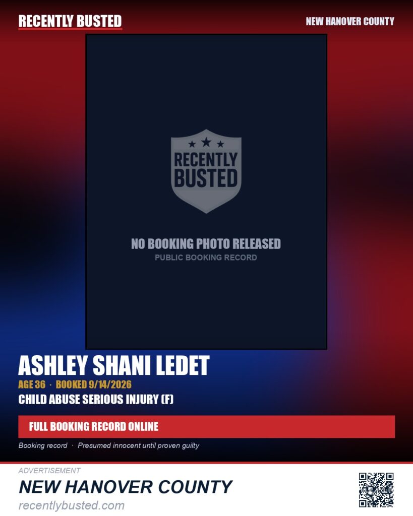 ASHLEY SHANI LEDET — arrest record card, New Hanover