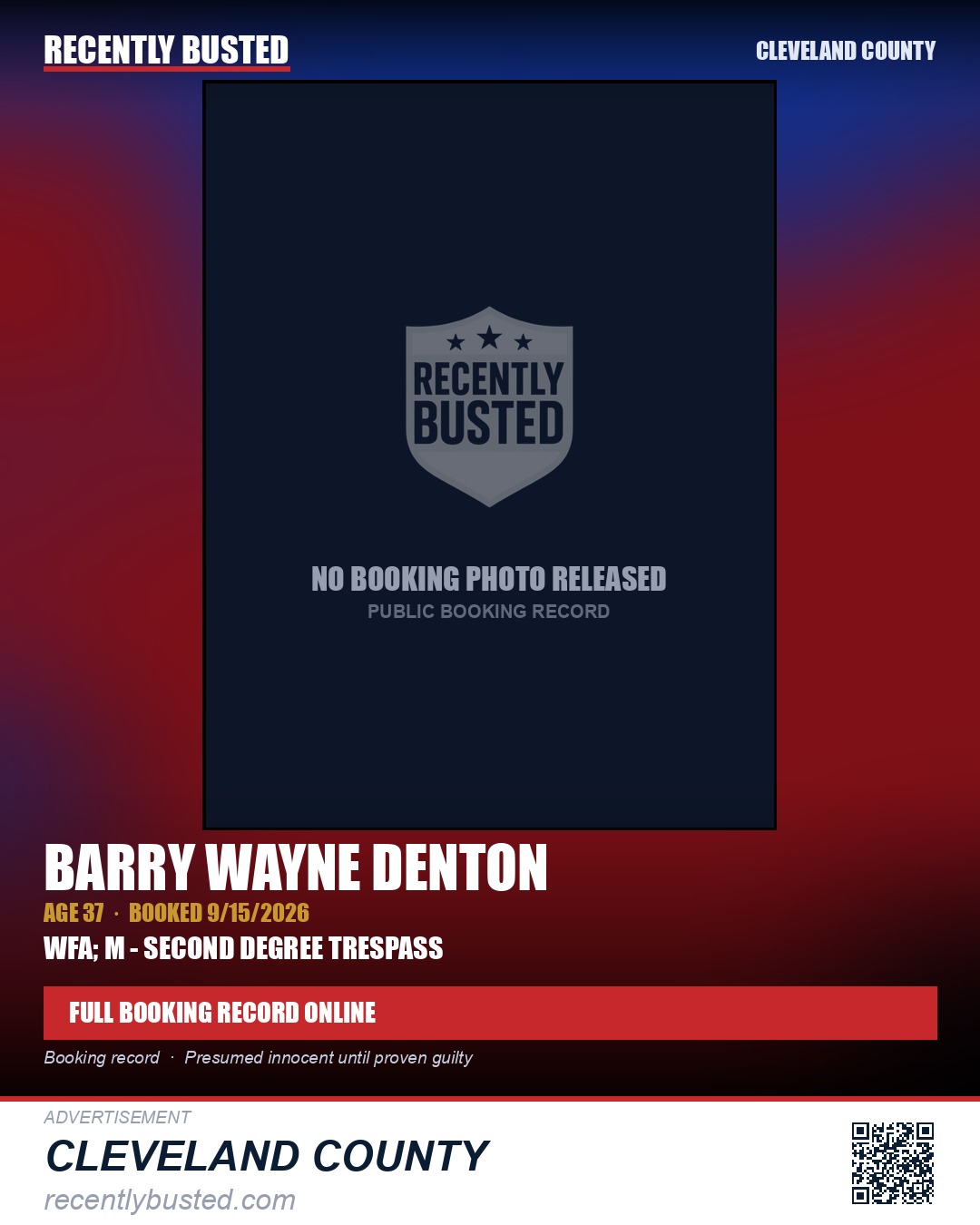 BARRY WAYNE DENTON — arrest record card, Cleveland County