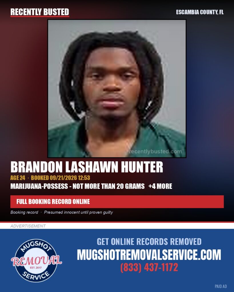 Brandon Lashawn Hunter — arrest record card, Escambia County, Florida